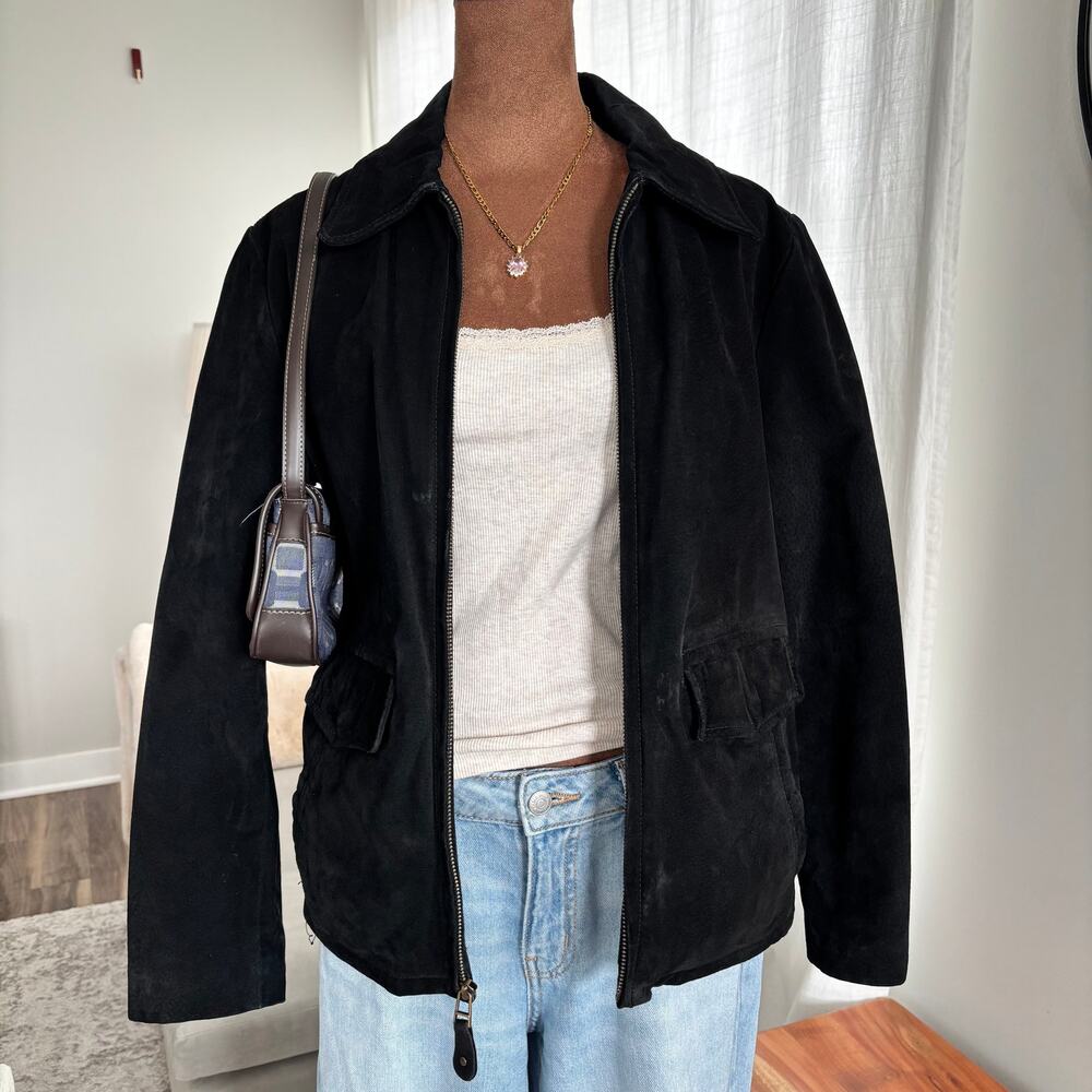 Vintage 90s Distressed Black Suede Leather Bomber Jacket Quilted Lining No Size - Picture 1 of 16